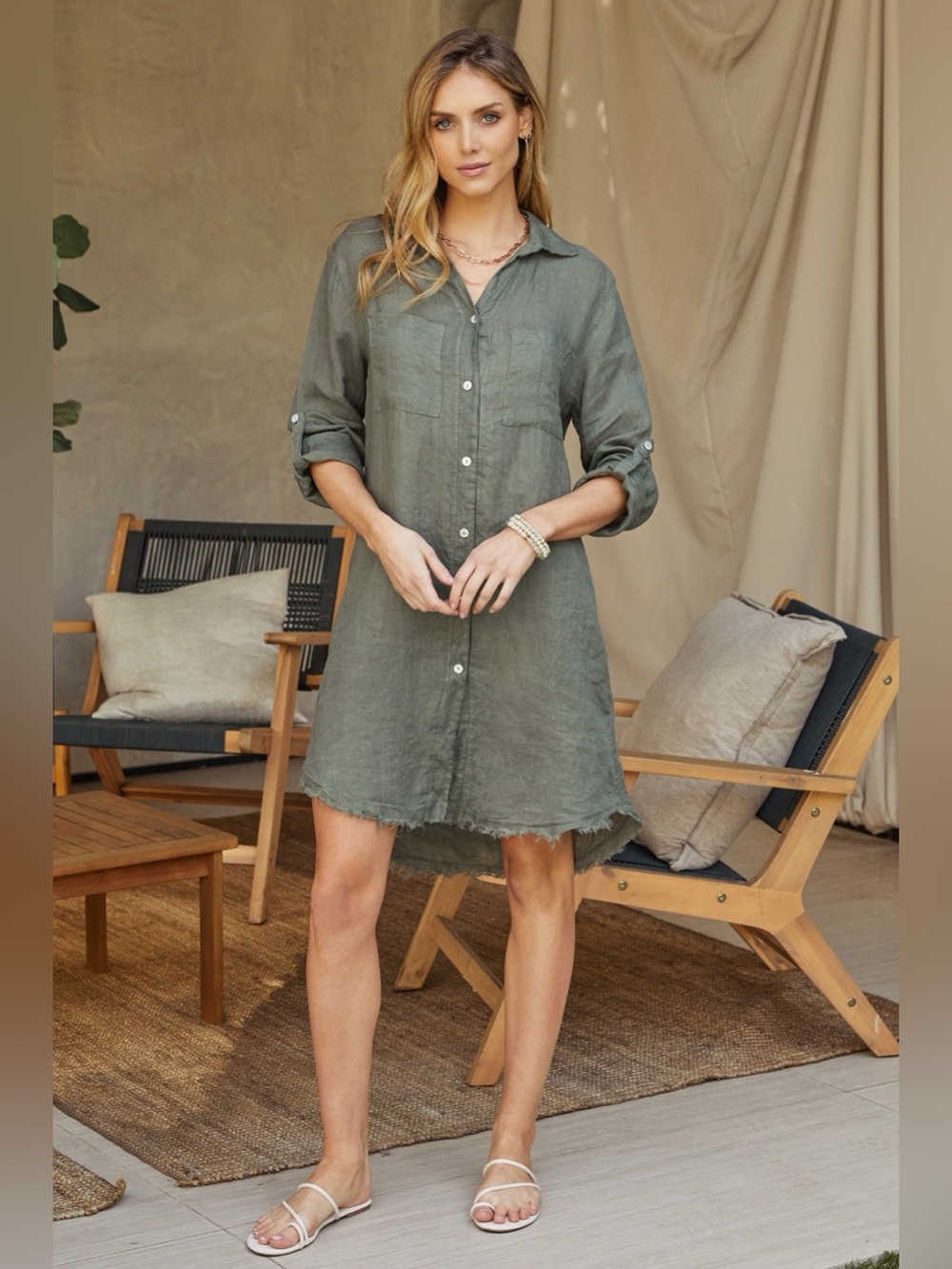 (27160/154208-ARMY) ITALIAN LINEN LONG SLEEVE ROLL-TAB  BUTTON DOWN  DRESS
